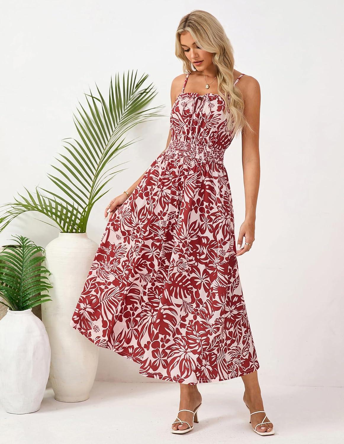 imageGRACE KARIN 2026 Womens Hawaiian Midi Sundress Summer Vacation Spaghetti Floral Clothes Boho Casual Dresses with PocketsRed Floral