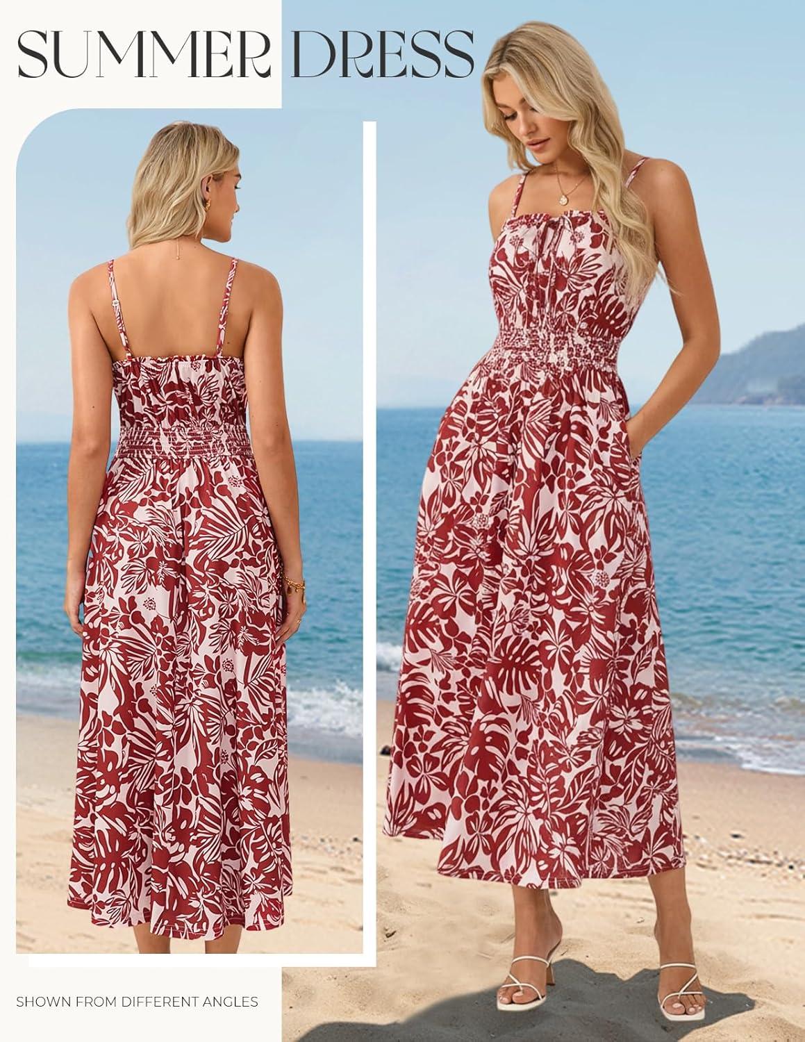 imageGRACE KARIN 2026 Womens Hawaiian Midi Sundress Summer Vacation Spaghetti Floral Clothes Boho Casual Dresses with PocketsRed Floral