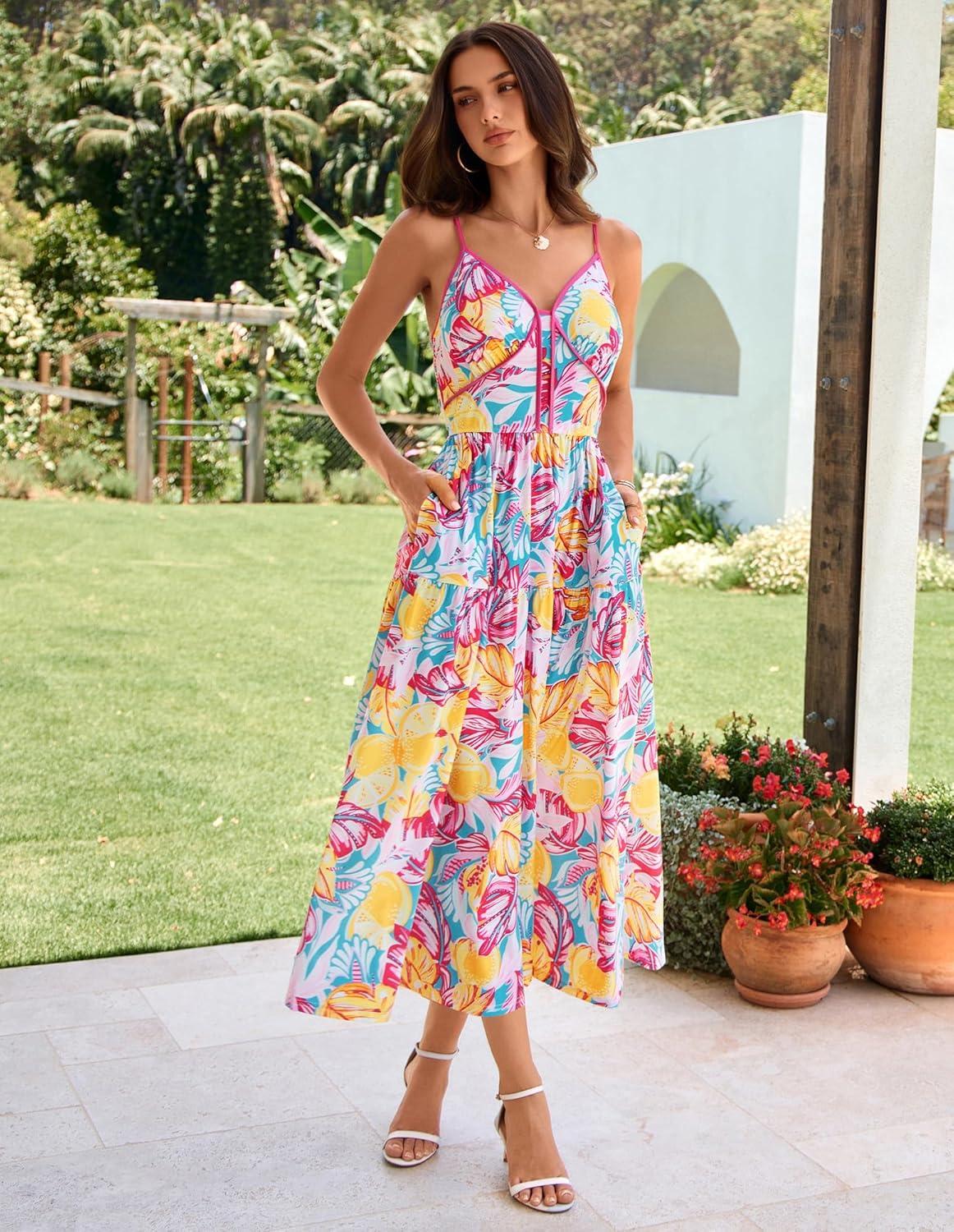 imageGRACE KARIN 2026 Womens Spaghetti Strap Resort Wear Summer Beach Maxi Sundress Floral Vacation Dresses with PocketsBlue Rose Floral