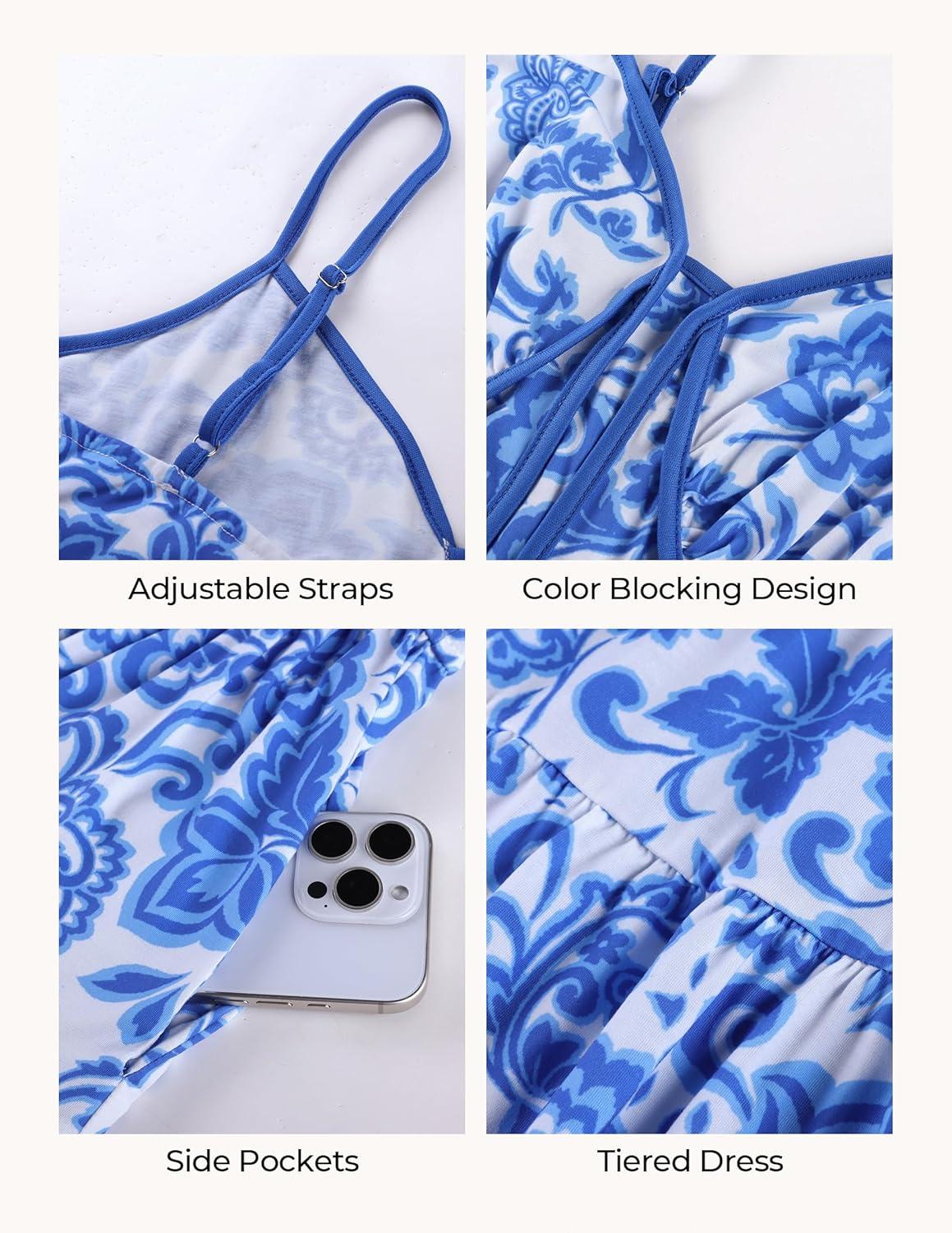 imageGRACE KARIN 2026 Womens Spaghetti Strap Resort Wear Summer Beach Maxi Sundress Floral Vacation Dresses with PocketsBlue White Floral