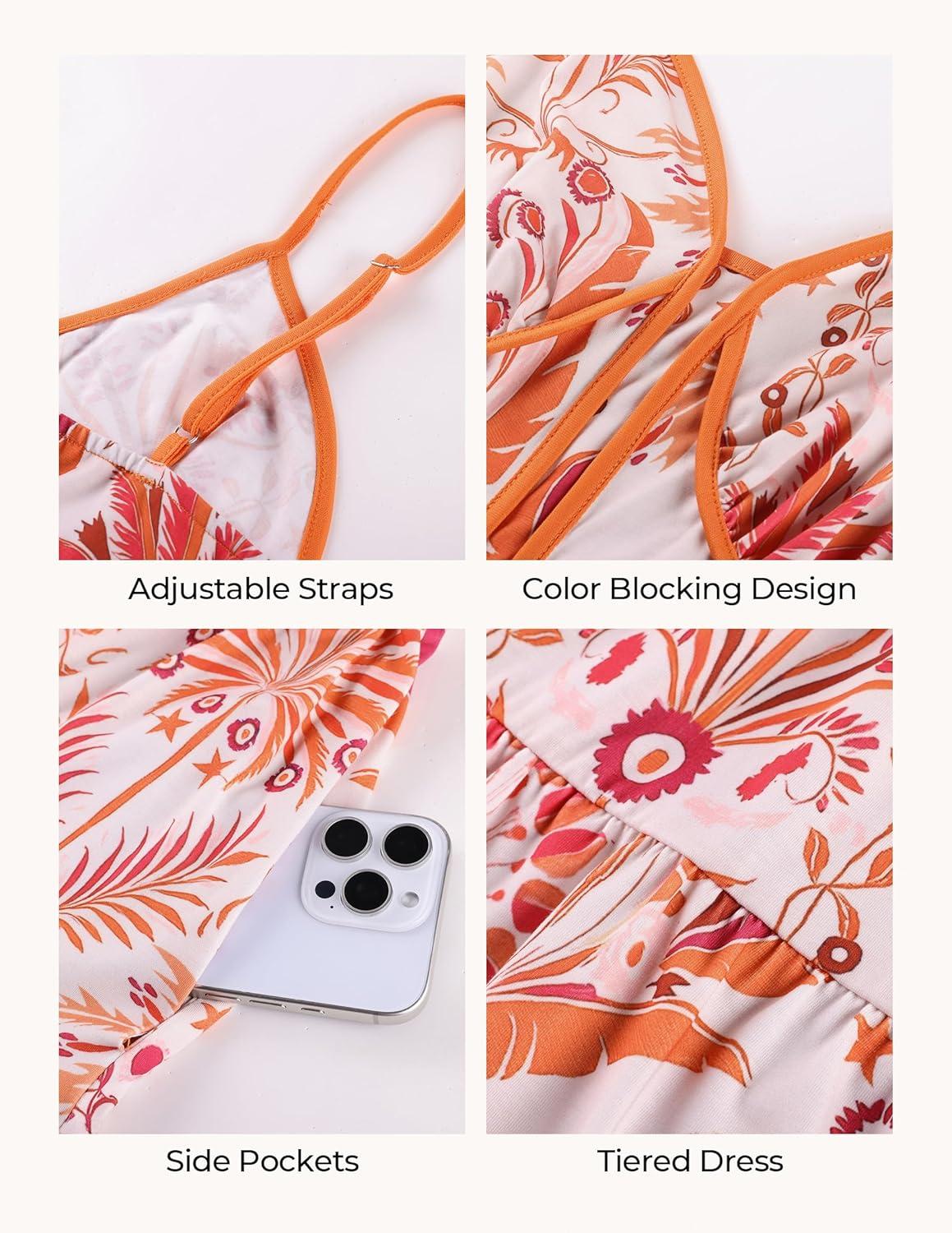 imageGRACE KARIN 2026 Womens Spaghetti Strap Resort Wear Summer Beach Maxi Sundress Floral Vacation Dresses with PocketsOrange White Floral