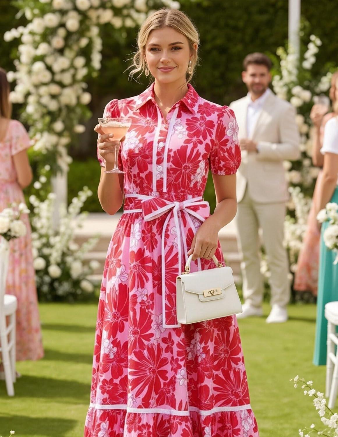 imageGRACE KARIN Women Summer Floral Maxi Dresses 2026 Wedding Guest Puff Sleeve Shirt Sundresses Boho Spring Clothes with PocketsPink Red Floral