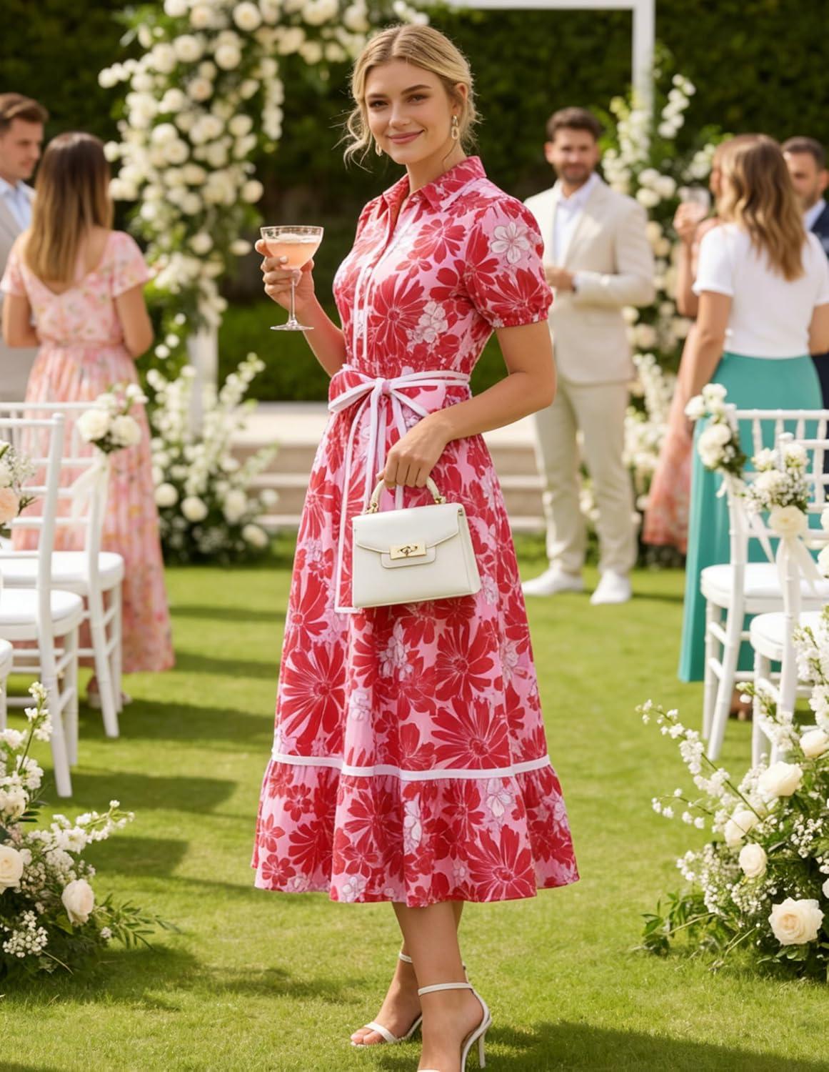imageGRACE KARIN Women Summer Floral Maxi Dresses 2026 Wedding Guest Puff Sleeve Shirt Sundresses Boho Spring Clothes with PocketsPink Red Floral