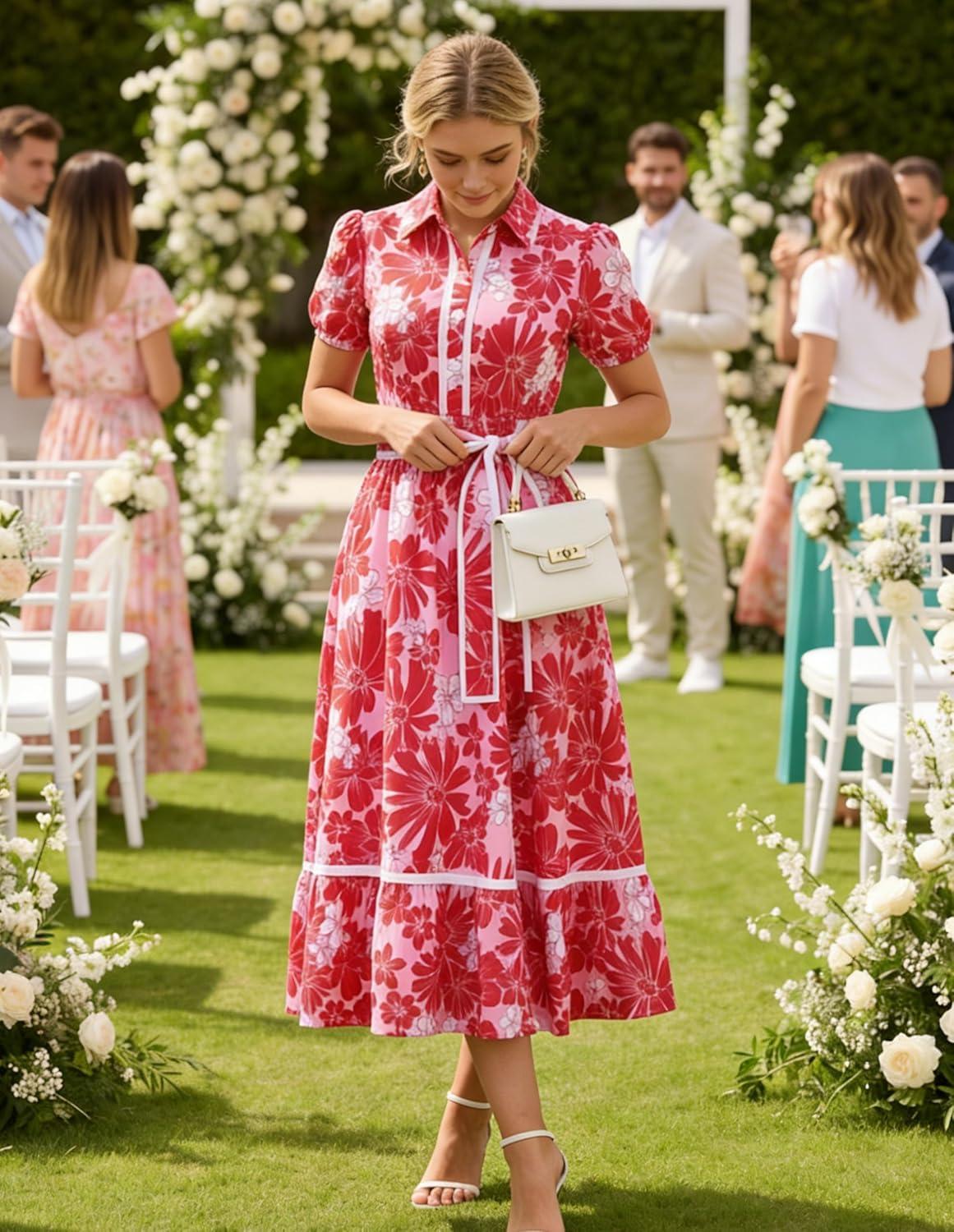 imageGRACE KARIN Women Summer Floral Maxi Dresses 2026 Wedding Guest Puff Sleeve Shirt Sundresses Boho Spring Clothes with PocketsPink Red Floral