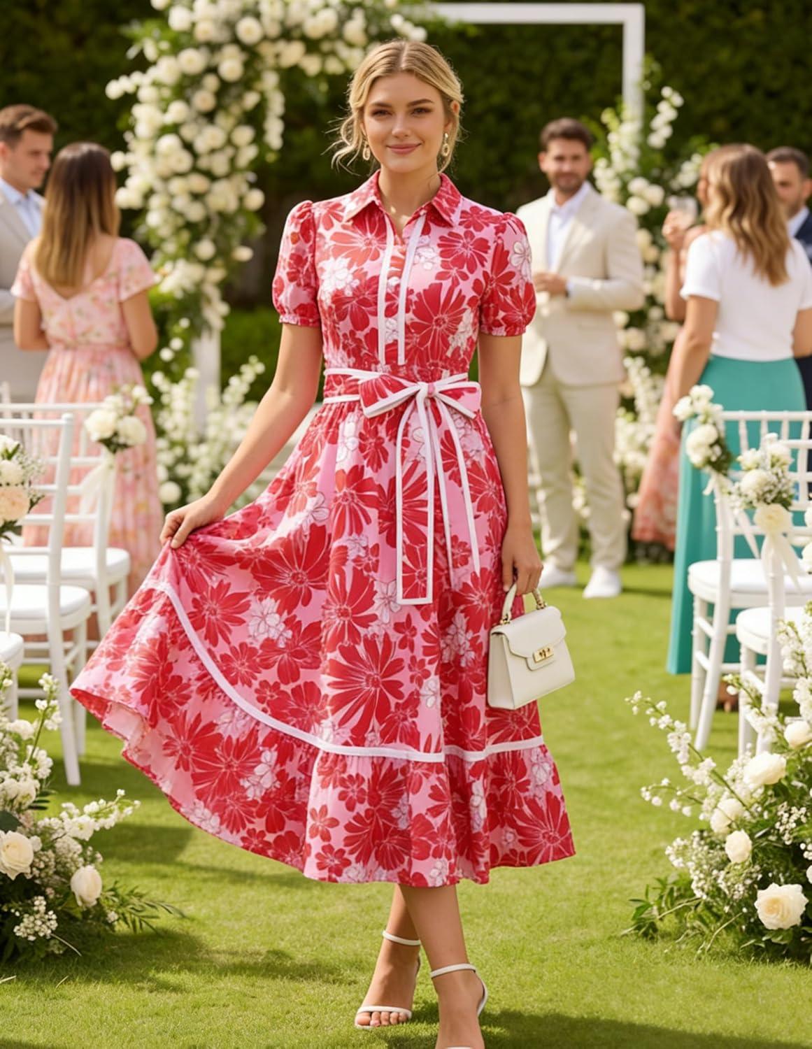imageGRACE KARIN Women Summer Floral Maxi Dresses 2026 Wedding Guest Puff Sleeve Shirt Sundresses Boho Spring Clothes with PocketsPink Red Floral