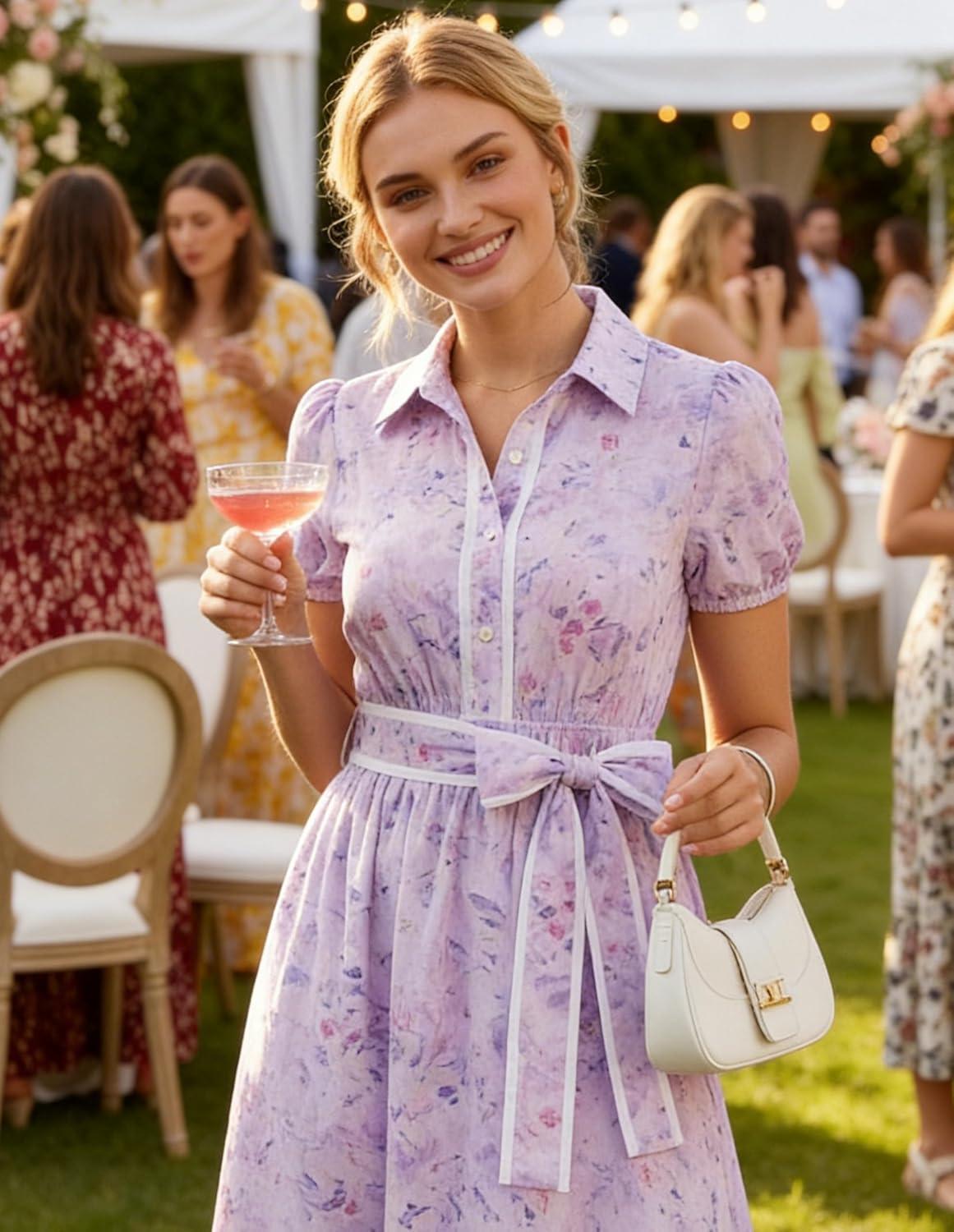 imageGRACE KARIN Women Summer Floral Maxi Dresses 2026 Wedding Guest Puff Sleeve Shirt Sundresses Boho Spring Clothes with PocketsPurple Floral
