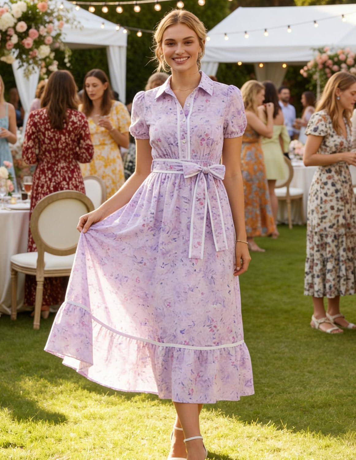 imageGRACE KARIN Women Summer Floral Maxi Dresses 2026 Wedding Guest Puff Sleeve Shirt Sundresses Boho Spring Clothes with PocketsPurple Floral