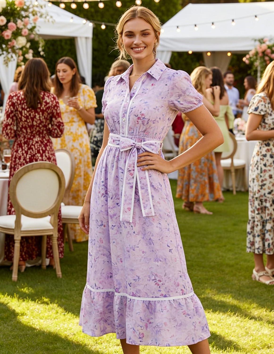 imageGRACE KARIN Women Summer Floral Maxi Dresses 2026 Wedding Guest Puff Sleeve Shirt Sundresses Boho Spring Clothes with PocketsPurple Floral