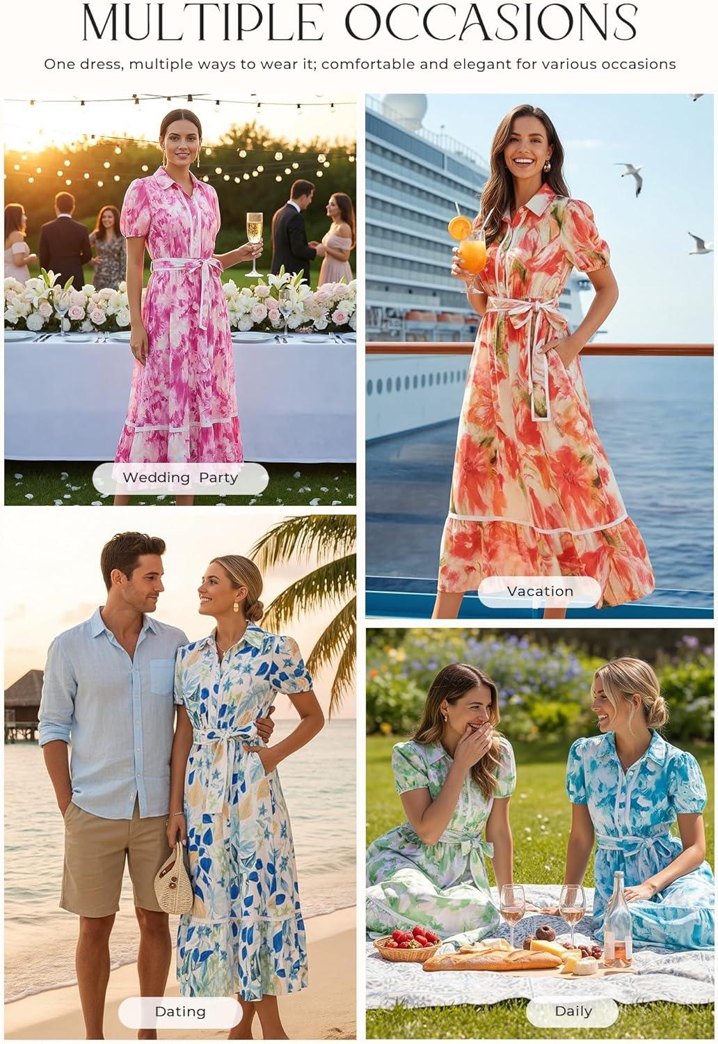 imageGRACE KARIN Women Summer Floral Maxi Dresses 2026 Wedding Guest Puff Sleeve Shirt Sundresses Boho Spring Clothes with PocketsRoyal Blue Floral