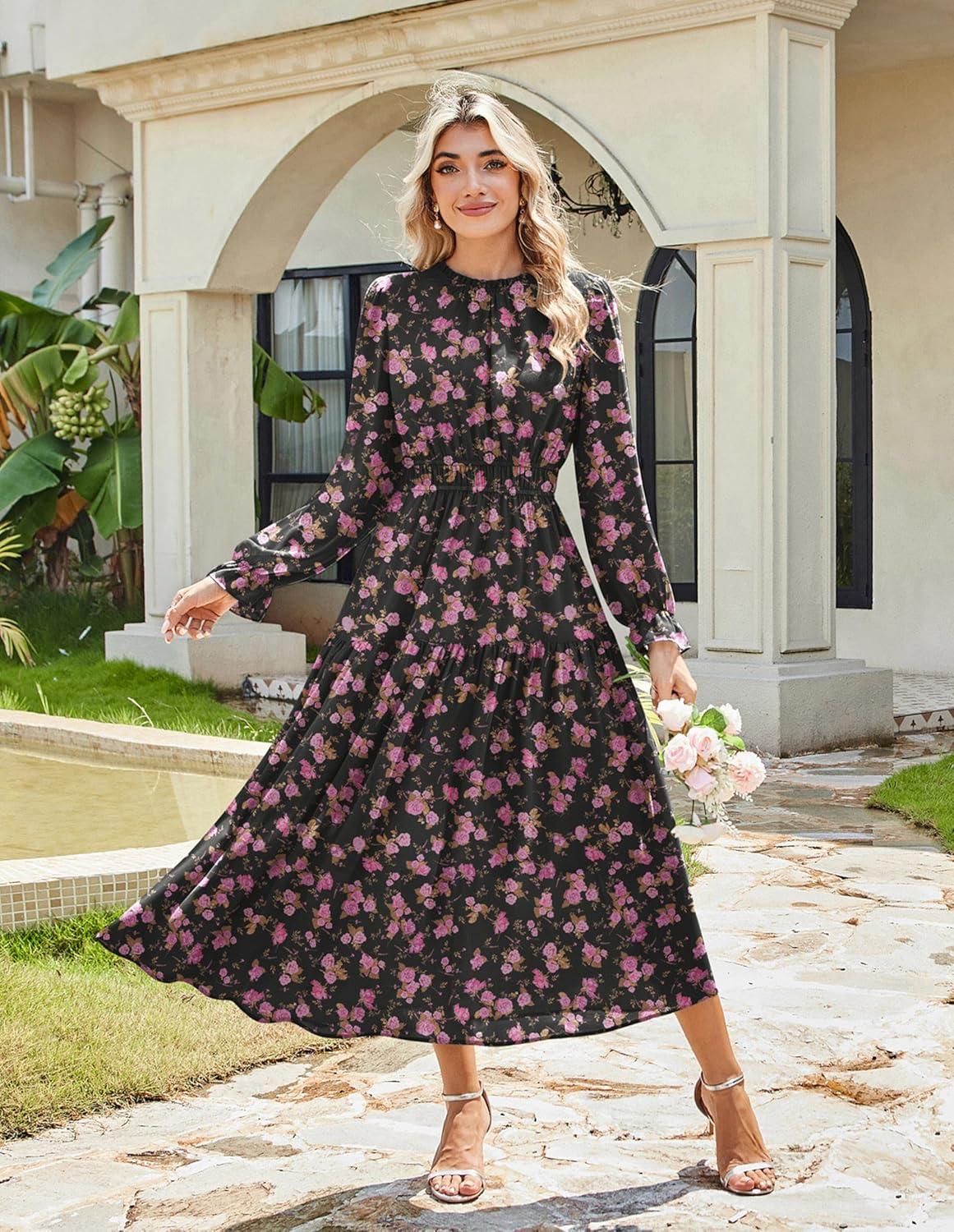 imageGRACE KARIN Womens Long Sleeve Maxi Dress 2026 Chiffon Flowy Wedding Guest Dresses Floral Dress with PocketsBlack and Rose Floral