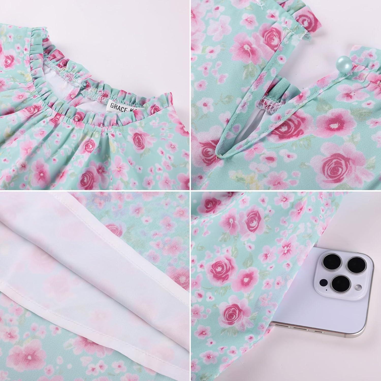 imageGRACE KARIN Womens Long Sleeve Maxi Dress 2026 Chiffon Flowy Wedding Guest Dresses Floral Dress with PocketsMint Green and Pink Floral