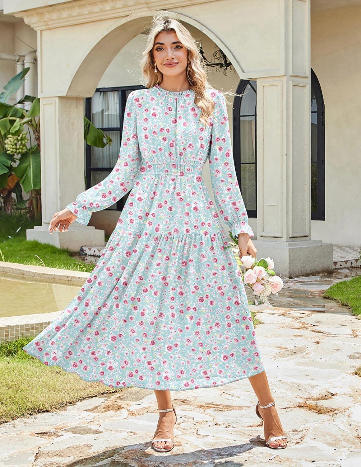imageGRACE KARIN Womens Long Sleeve Maxi Dress 2026 Chiffon Flowy Wedding Guest Dresses Floral Dress with PocketsMint Green and Pink Floral