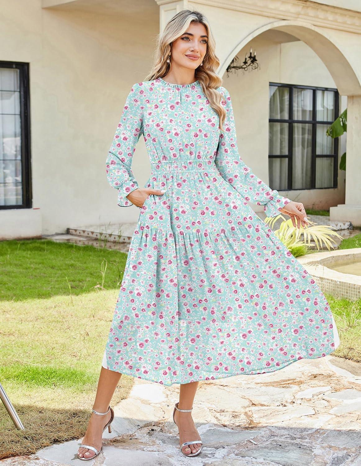 imageGRACE KARIN Womens Long Sleeve Maxi Dress 2026 Chiffon Flowy Wedding Guest Dresses Floral Dress with PocketsMint Green and Pink Floral
