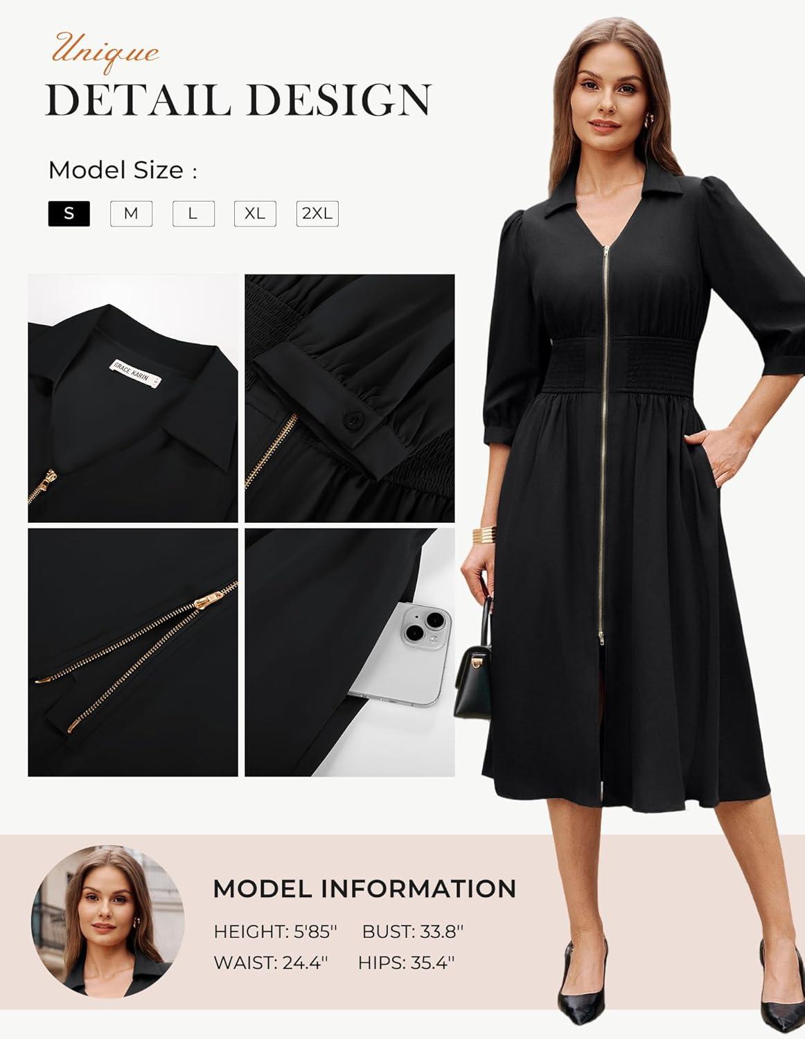 imageGRACE KARIN Womens Summer Midi Dress 2026 A Line Business Office Work Dress Fit and Flare Zipper 34 Sleeve Dress with PocketBlack