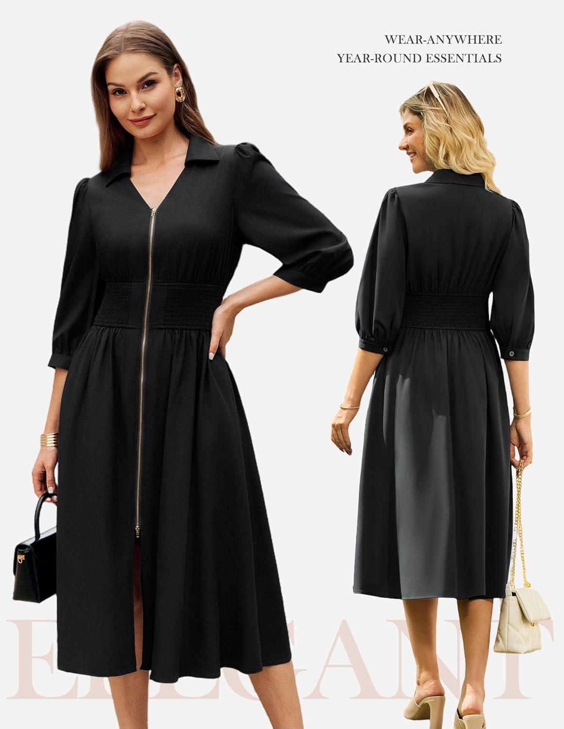 imageGRACE KARIN Womens Summer Midi Dress 2026 A Line Business Office Work Dress Fit and Flare Zipper 34 Sleeve Dress with PocketBlack