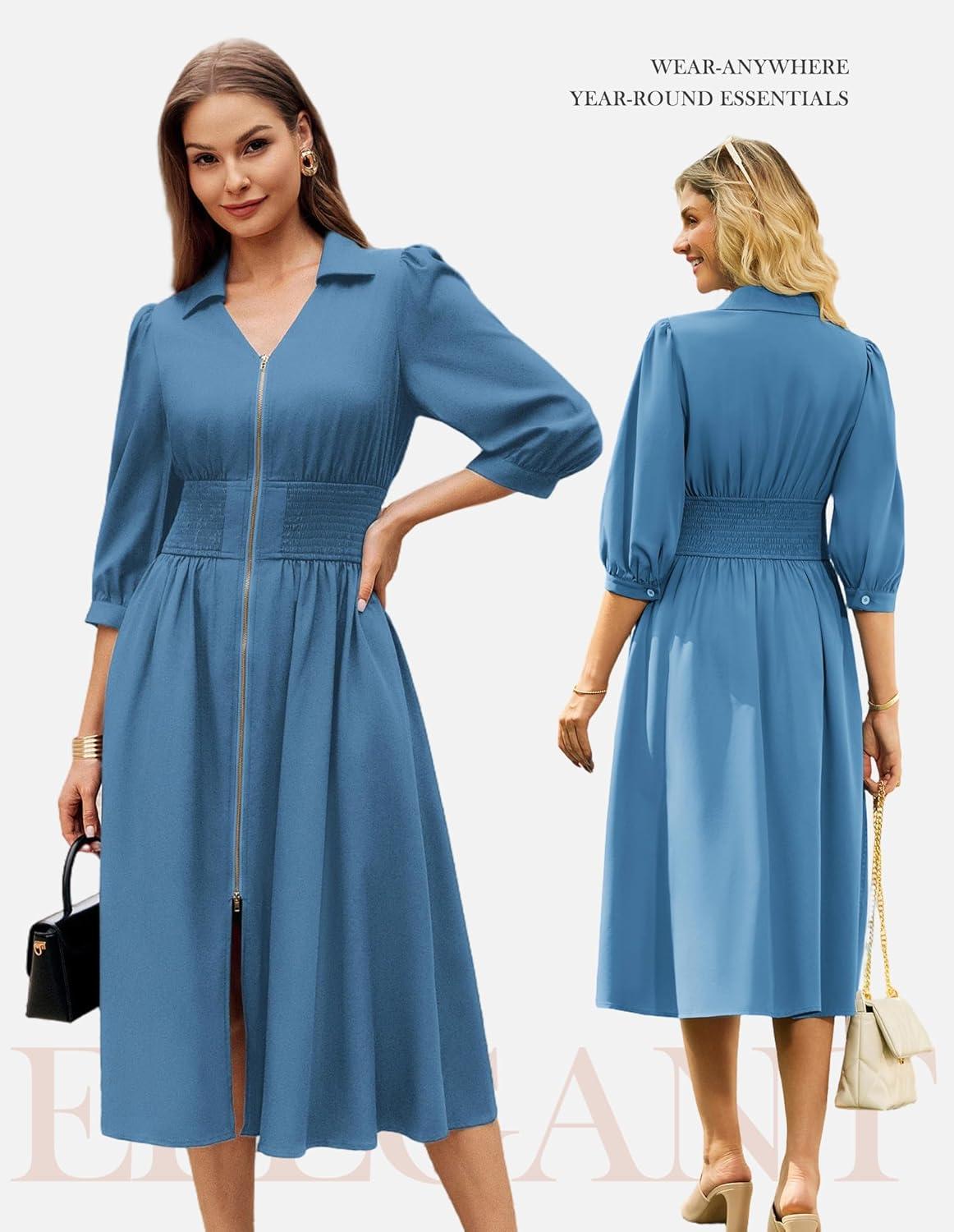 imageGRACE KARIN Womens Summer Midi Dress 2026 A Line Business Office Work Dress Fit and Flare Zipper 34 Sleeve Dress with PocketGray Blue