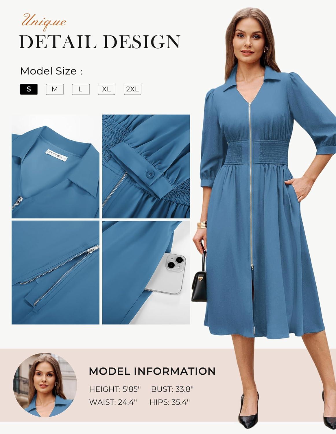 imageGRACE KARIN Womens Summer Midi Dress 2026 A Line Business Office Work Dress Fit and Flare Zipper 34 Sleeve Dress with PocketGray Blue
