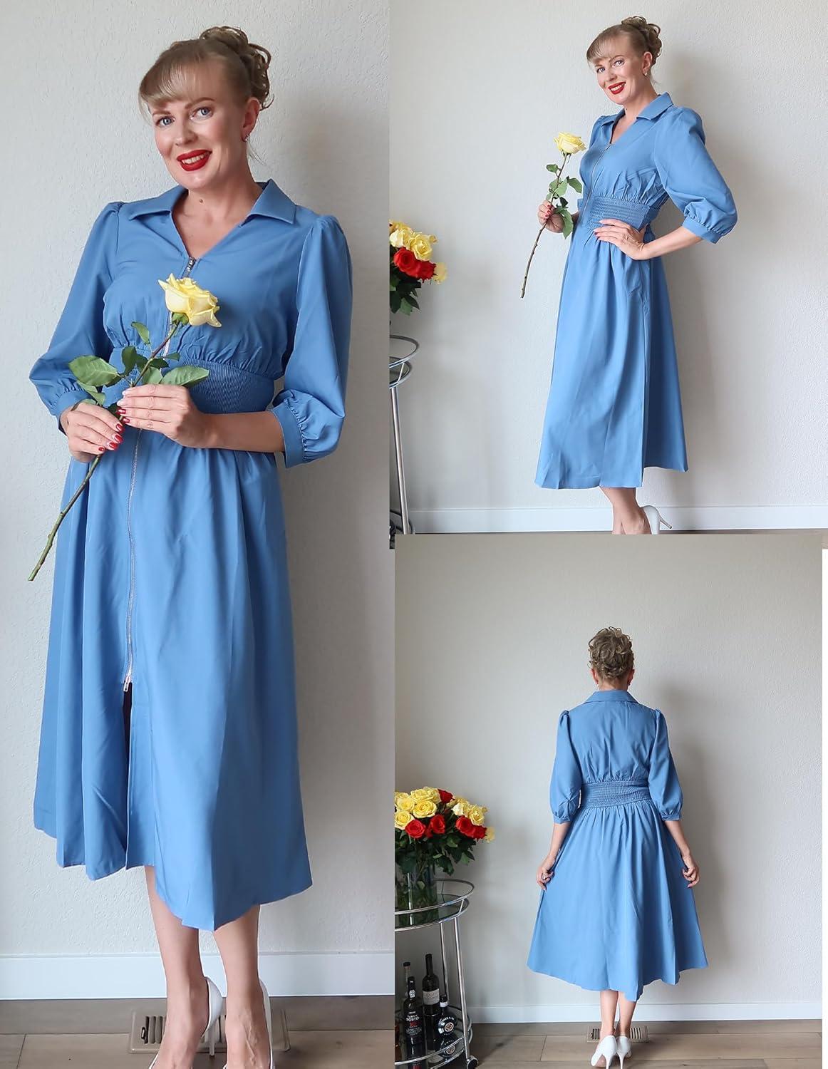 imageGRACE KARIN Womens Summer Midi Dress 2026 A Line Business Office Work Dress Fit and Flare Zipper 34 Sleeve Dress with PocketGray Blue