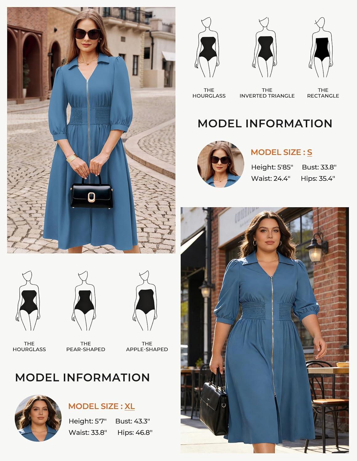 imageGRACE KARIN Womens Summer Midi Dress 2026 A Line Business Office Work Dress Fit and Flare Zipper 34 Sleeve Dress with PocketGray Blue