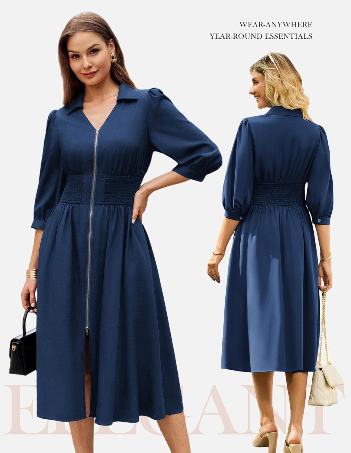 imageGRACE KARIN Womens Summer Midi Dress 2026 A Line Business Office Work Dress Fit and Flare Zipper 34 Sleeve Dress with PocketNavy Blue