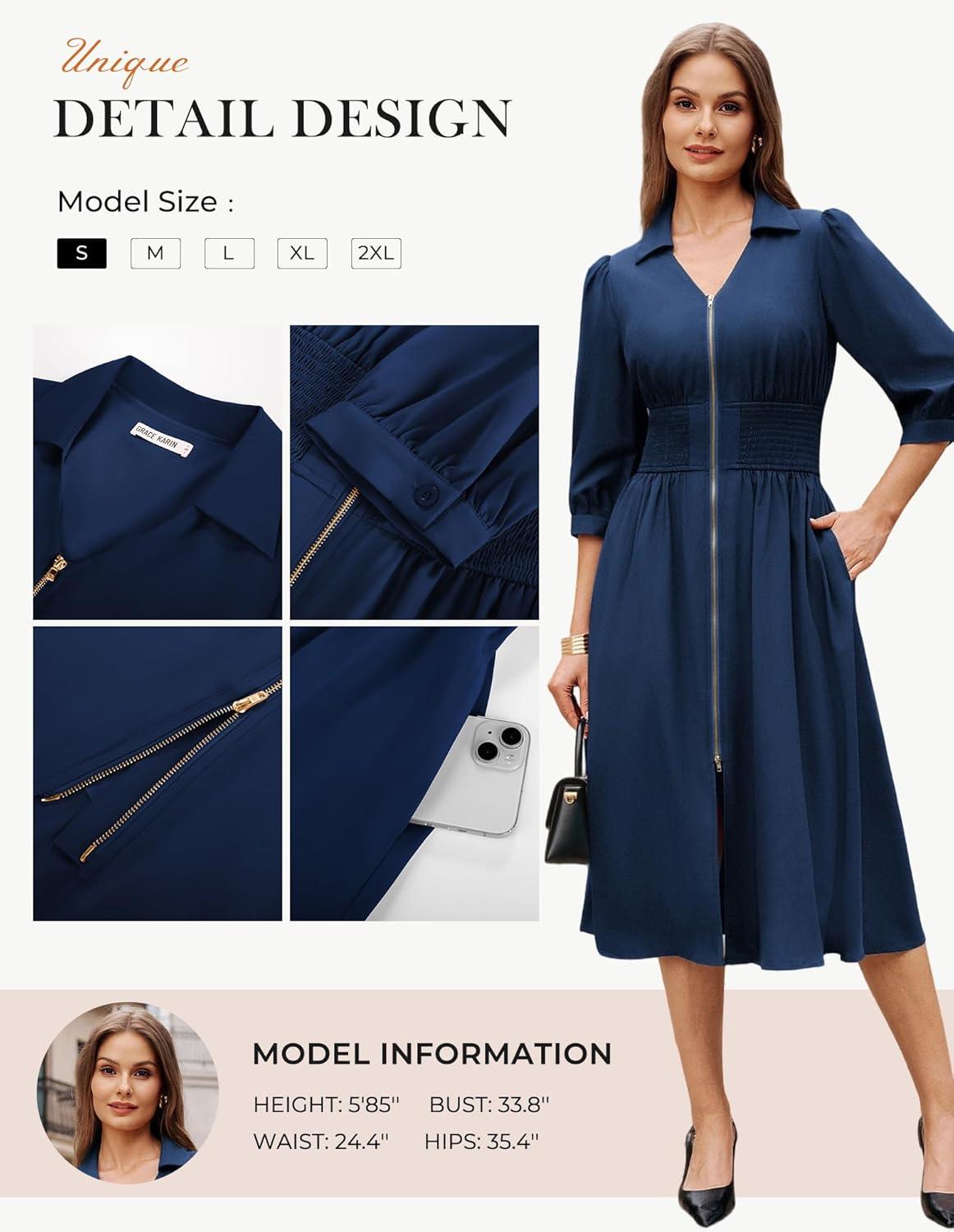 imageGRACE KARIN Womens Summer Midi Dress 2026 A Line Business Office Work Dress Fit and Flare Zipper 34 Sleeve Dress with PocketNavy Blue