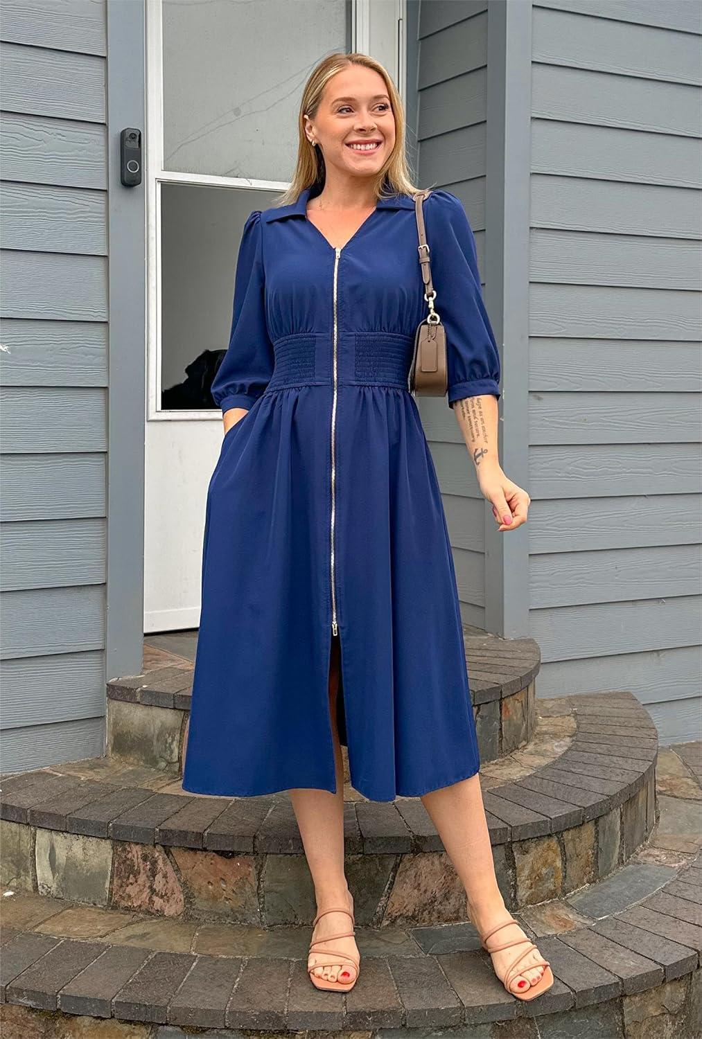 imageGRACE KARIN Womens Summer Midi Dress 2026 A Line Business Office Work Dress Fit and Flare Zipper 34 Sleeve Dress with PocketNavy Blue