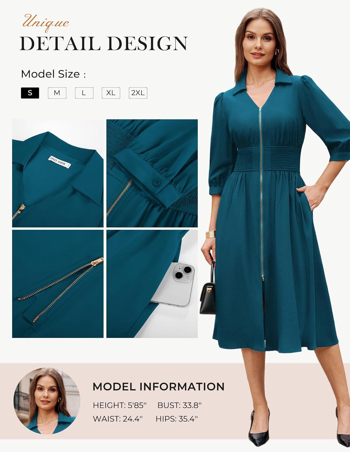 imageGRACE KARIN Womens Summer Midi Dress 2026 A Line Business Office Work Dress Fit and Flare Zipper 34 Sleeve Dress with PocketPeacock Blue