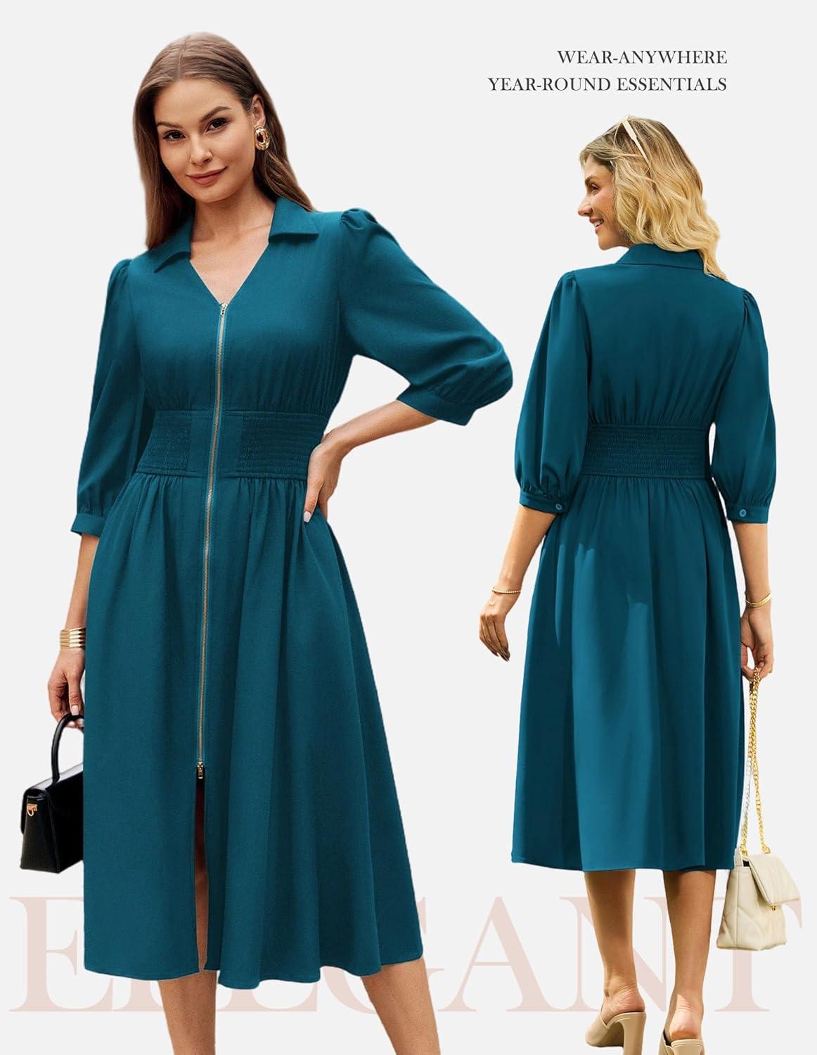 imageGRACE KARIN Womens Summer Midi Dress 2026 A Line Business Office Work Dress Fit and Flare Zipper 34 Sleeve Dress with PocketPeacock Blue