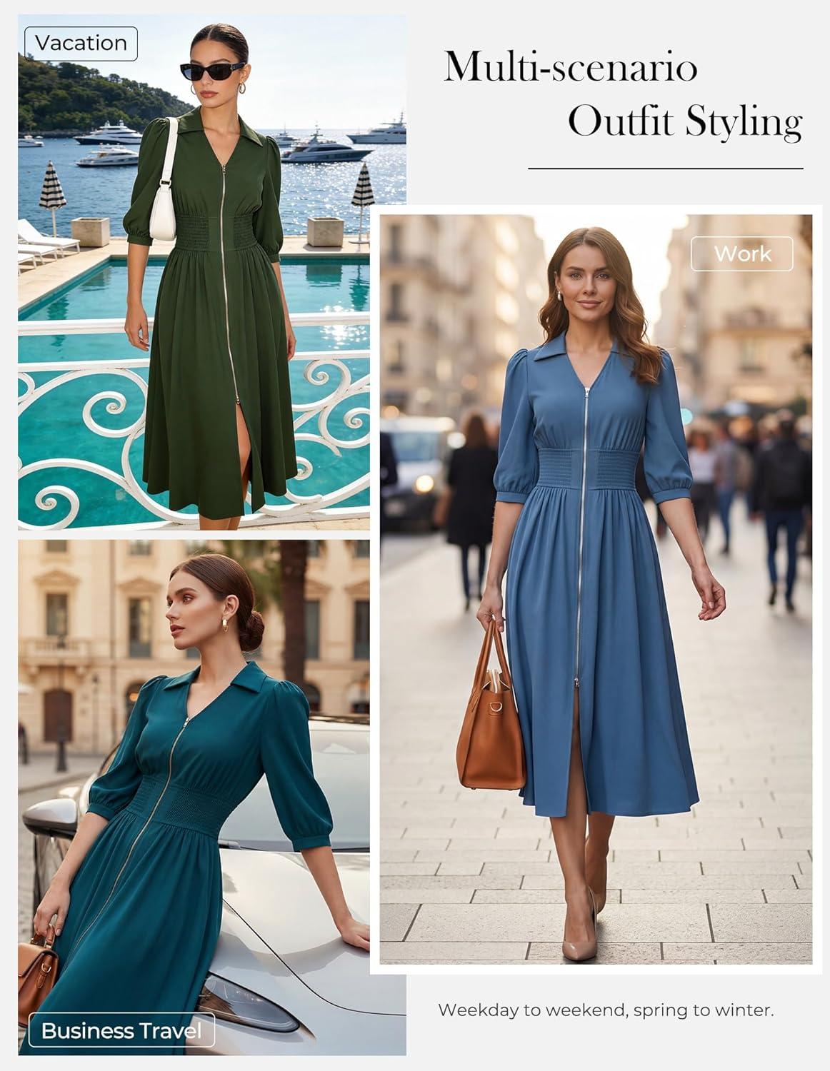 imageGRACE KARIN Womens Summer Midi Dress 2026 A Line Business Office Work Dress Fit and Flare Zipper 34 Sleeve Dress with PocketPeacock Blue