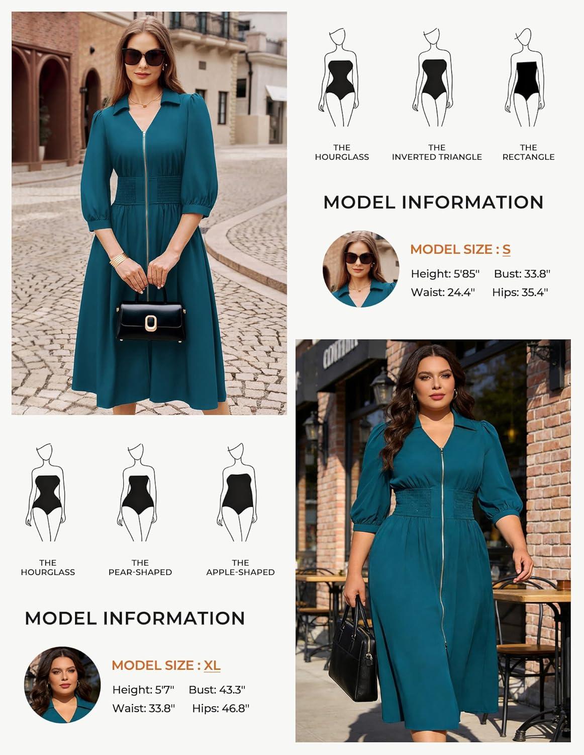 imageGRACE KARIN Womens Summer Midi Dress 2026 A Line Business Office Work Dress Fit and Flare Zipper 34 Sleeve Dress with PocketPeacock Blue