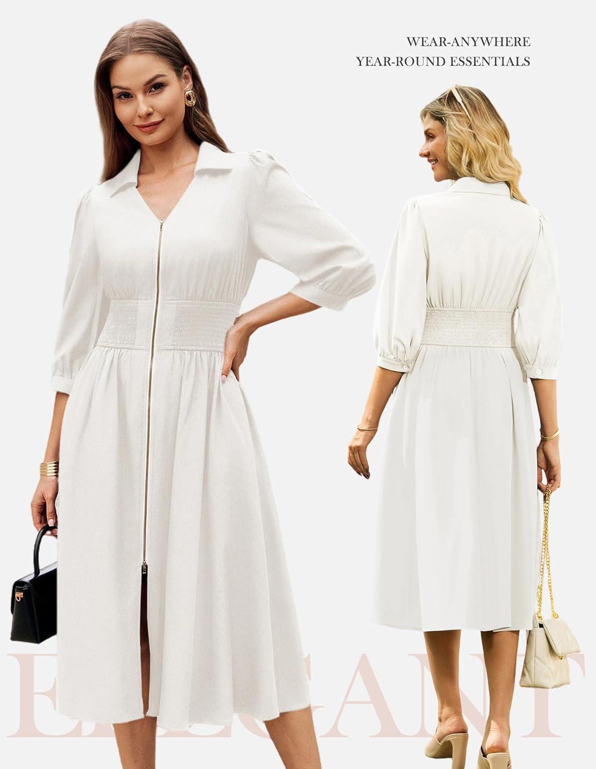 imageGRACE KARIN Womens Summer Midi Dress 2026 A Line Business Office Work Dress Fit and Flare Zipper 34 Sleeve Dress with PocketWhite