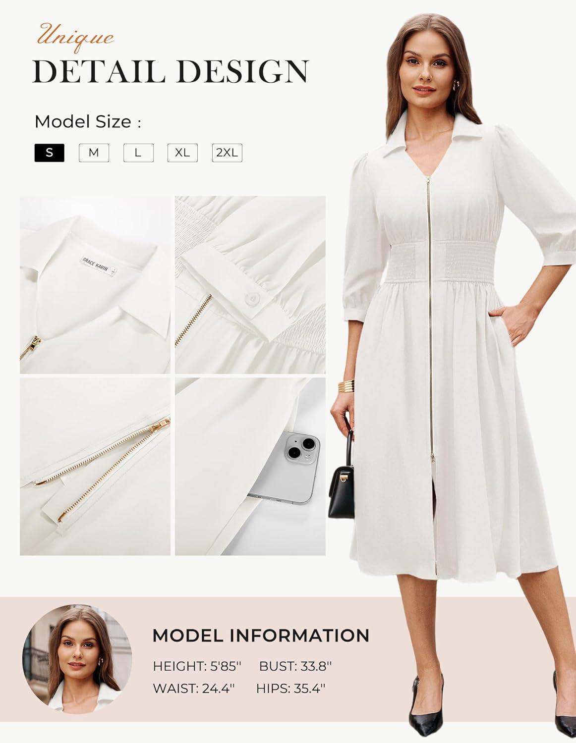 imageGRACE KARIN Womens Summer Midi Dress 2026 A Line Business Office Work Dress Fit and Flare Zipper 34 Sleeve Dress with PocketWhite