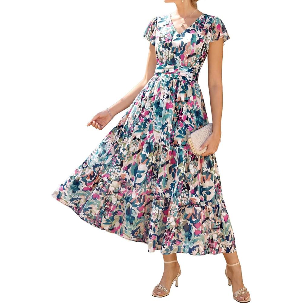 imageGRACE KARIN 2026 Women Summer DressMaxi Short Sleeve Floral DressesSemi Formal Flowy Wedding Guest Dress with PocketDark Green Dense Dotted Flowers