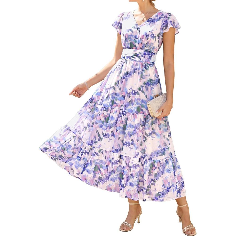 imageGRACE KARIN 2026 Women Summer DressMaxi Short Sleeve Floral DressesSemi Formal Flowy Wedding Guest Dress with PocketPurple Dotted Flowers