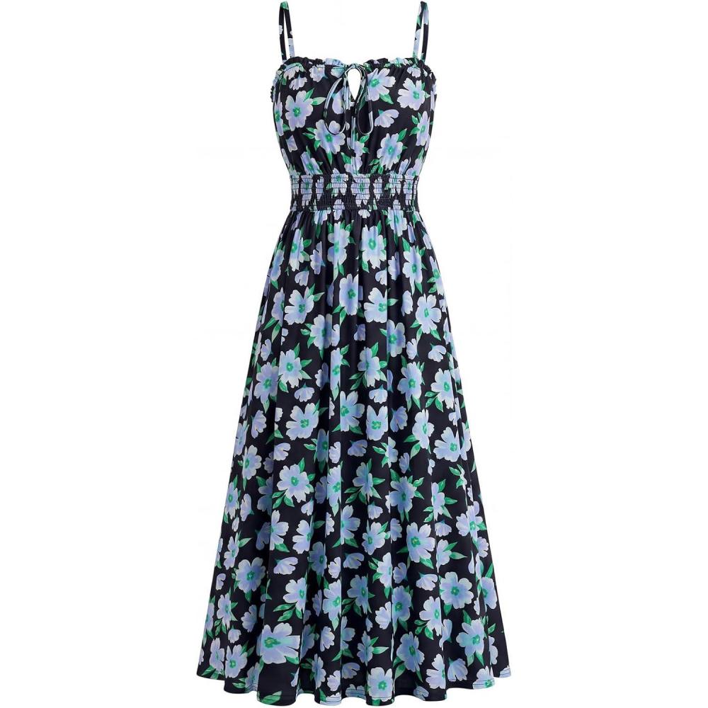 imageGRACE KARIN 2026 Womens Hawaiian Midi Sundress Summer Vacation Spaghetti Floral Clothes Boho Casual Dresses with PocketsBlue Black Floral