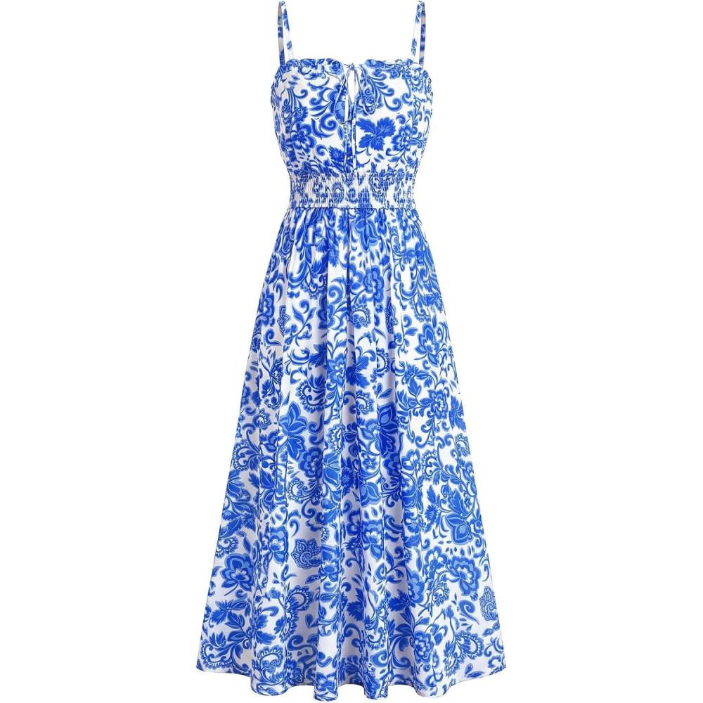 imageGRACE KARIN 2026 Womens Hawaiian Midi Sundress Summer Vacation Spaghetti Floral Clothes Boho Casual Dresses with PocketsBlue Floral
