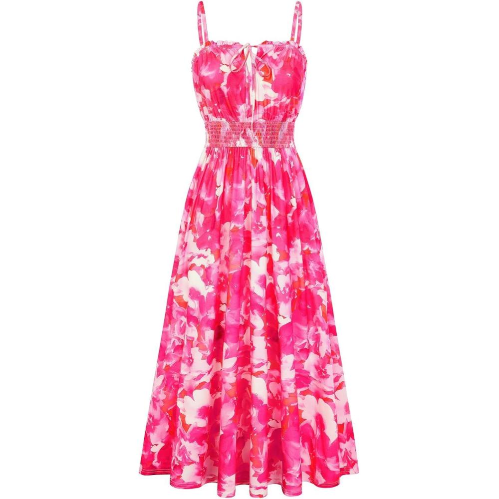 imageGRACE KARIN 2026 Womens Hawaiian Midi Sundress Summer Vacation Spaghetti Floral Clothes Boho Casual Dresses with PocketsRose Red Floral