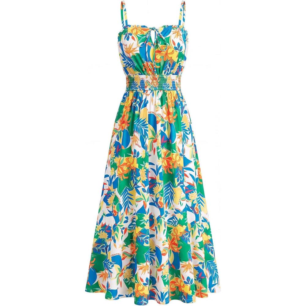 imageGRACE KARIN 2026 Womens Hawaiian Midi Sundress Summer Vacation Spaghetti Floral Clothes Boho Casual Dresses with PocketsYellow Green Blue Floral