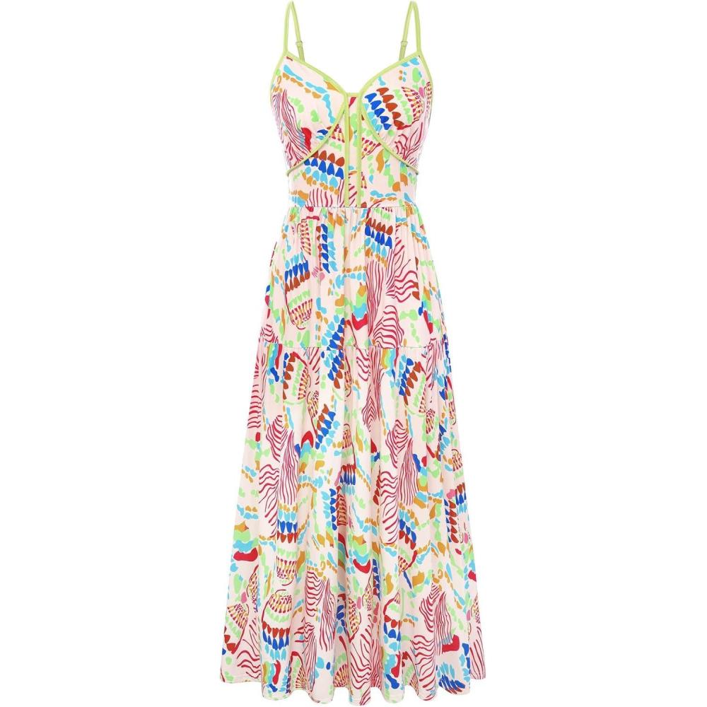 imageGRACE KARIN 2026 Womens Spaghetti Strap Resort Wear Summer Beach Maxi Sundress Floral Vacation Dresses with PocketsApricot Red Floral