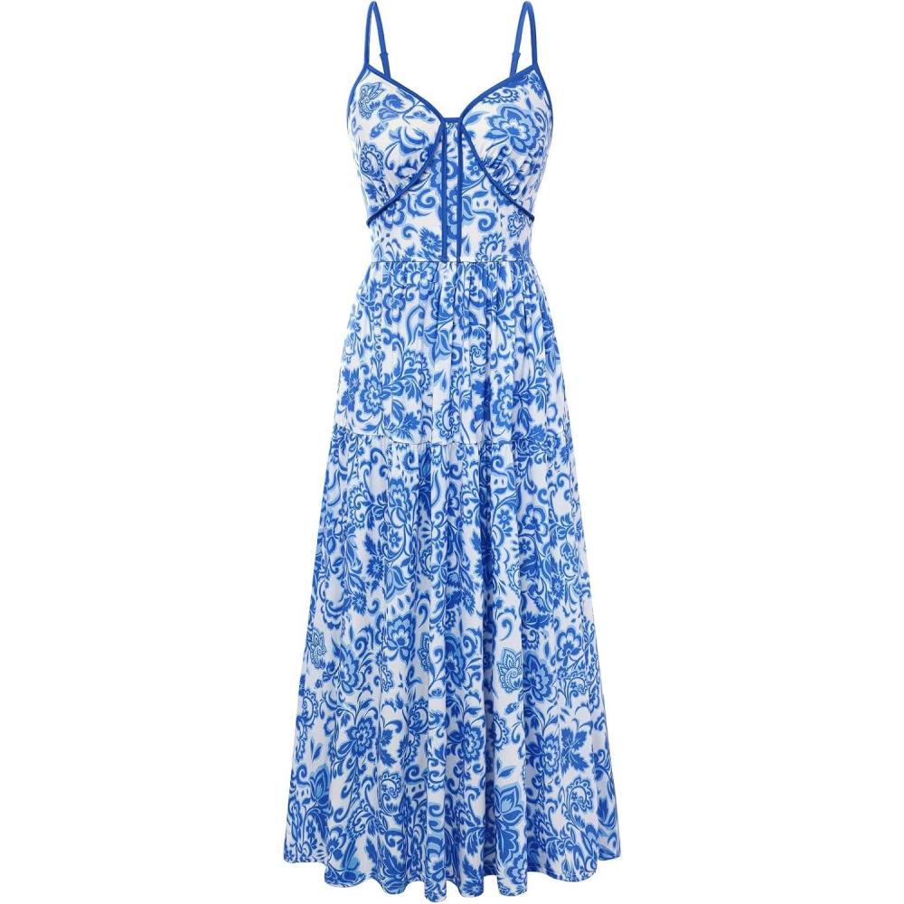 imageGRACE KARIN 2026 Womens Spaghetti Strap Resort Wear Summer Beach Maxi Sundress Floral Vacation Dresses with PocketsBlue White Floral