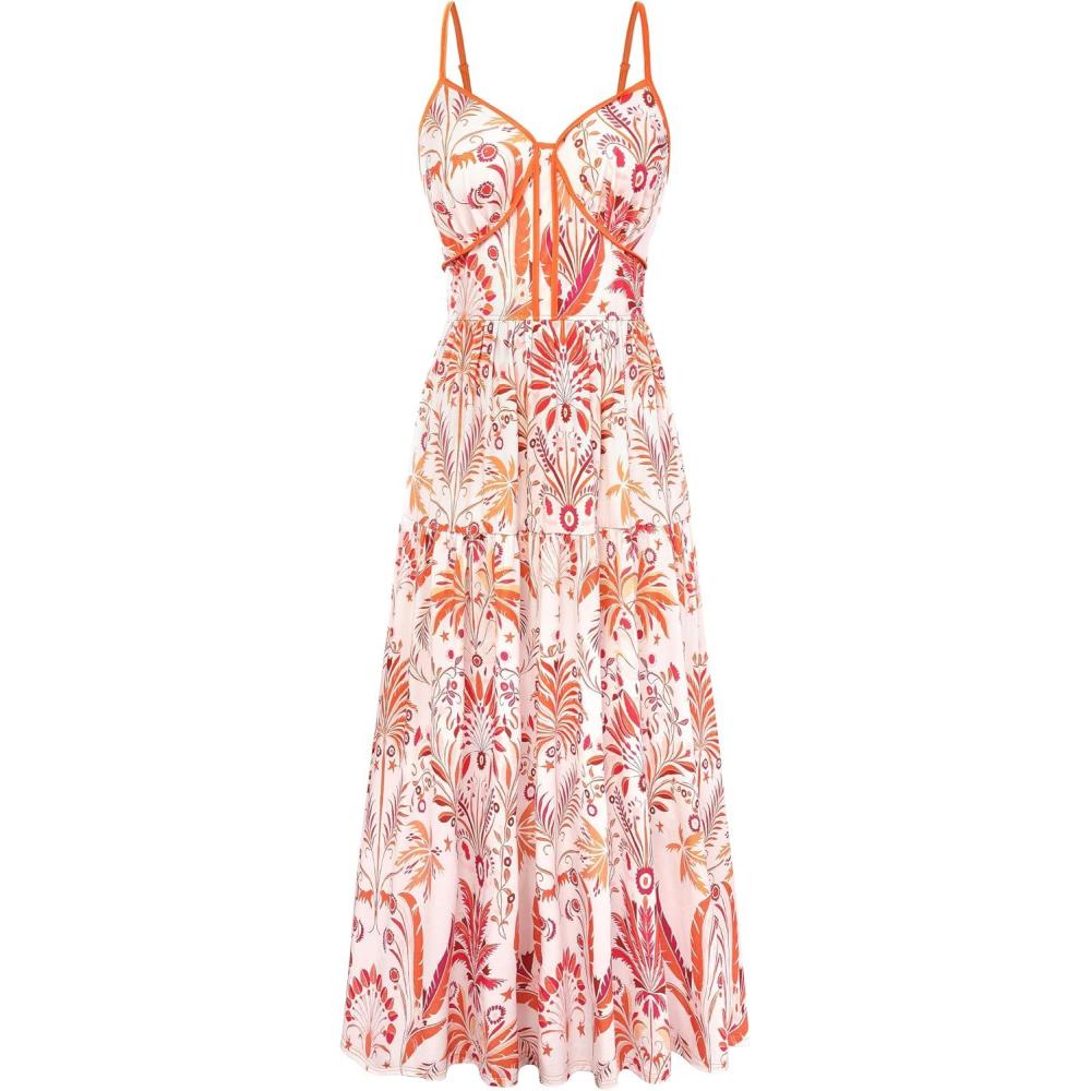 imageGRACE KARIN 2026 Womens Spaghetti Strap Resort Wear Summer Beach Maxi Sundress Floral Vacation Dresses with PocketsOrange White Floral
