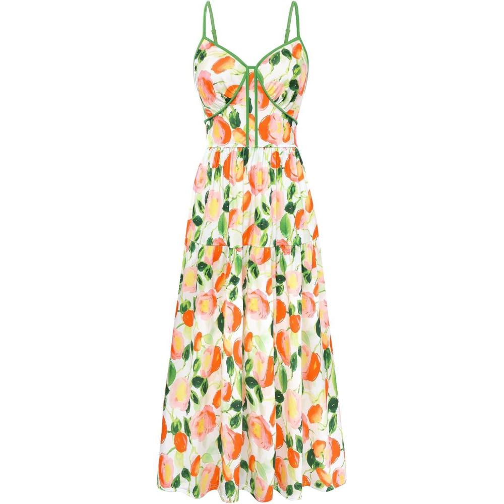 imageGRACE KARIN 2026 Womens Spaghetti Strap Resort Wear Summer Beach Maxi Sundress Floral Vacation Dresses with PocketsPink Green Floral