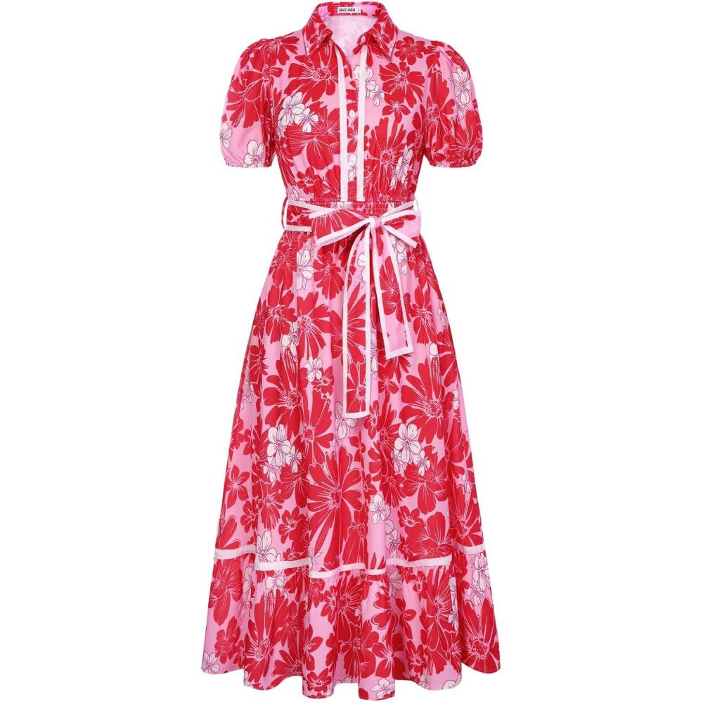 imageGRACE KARIN Women Summer Floral Maxi Dresses 2026 Wedding Guest Puff Sleeve Shirt Sundresses Boho Spring Clothes with PocketsPink Red Floral