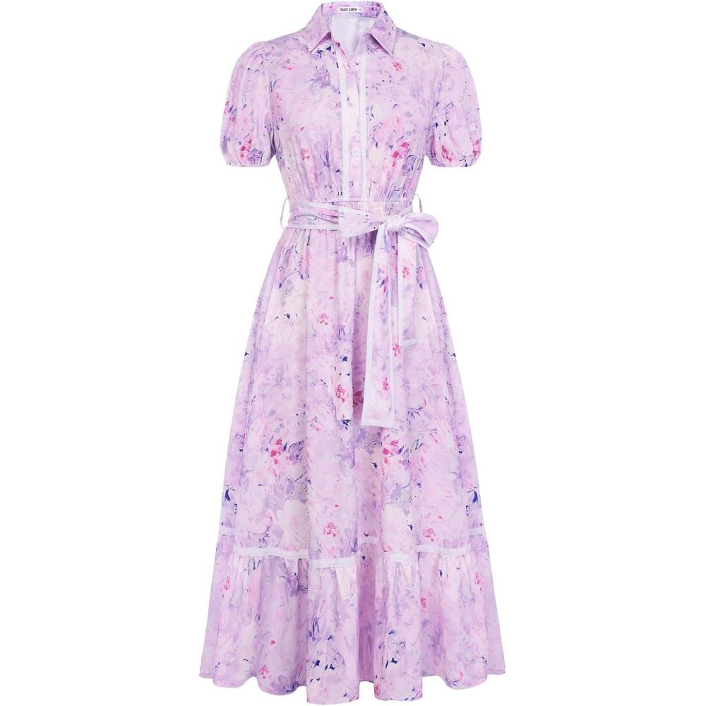 imageGRACE KARIN Women Summer Floral Maxi Dresses 2026 Wedding Guest Puff Sleeve Shirt Sundresses Boho Spring Clothes with PocketsPurple Floral