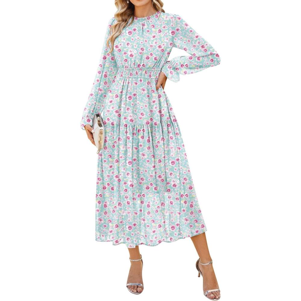 imageGRACE KARIN Womens Long Sleeve Maxi Dress 2026 Chiffon Flowy Wedding Guest Dresses Floral Dress with PocketsMint Green and Pink Floral
