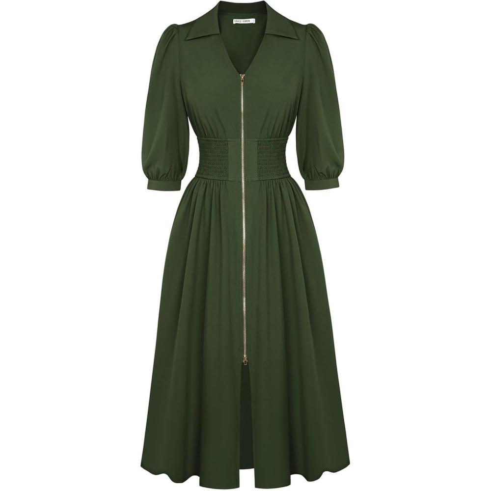 imageGRACE KARIN Womens Summer Midi Dress 2026 A Line Business Office Work Dress Fit and Flare Zipper 34 Sleeve Dress with PocketArmy Green