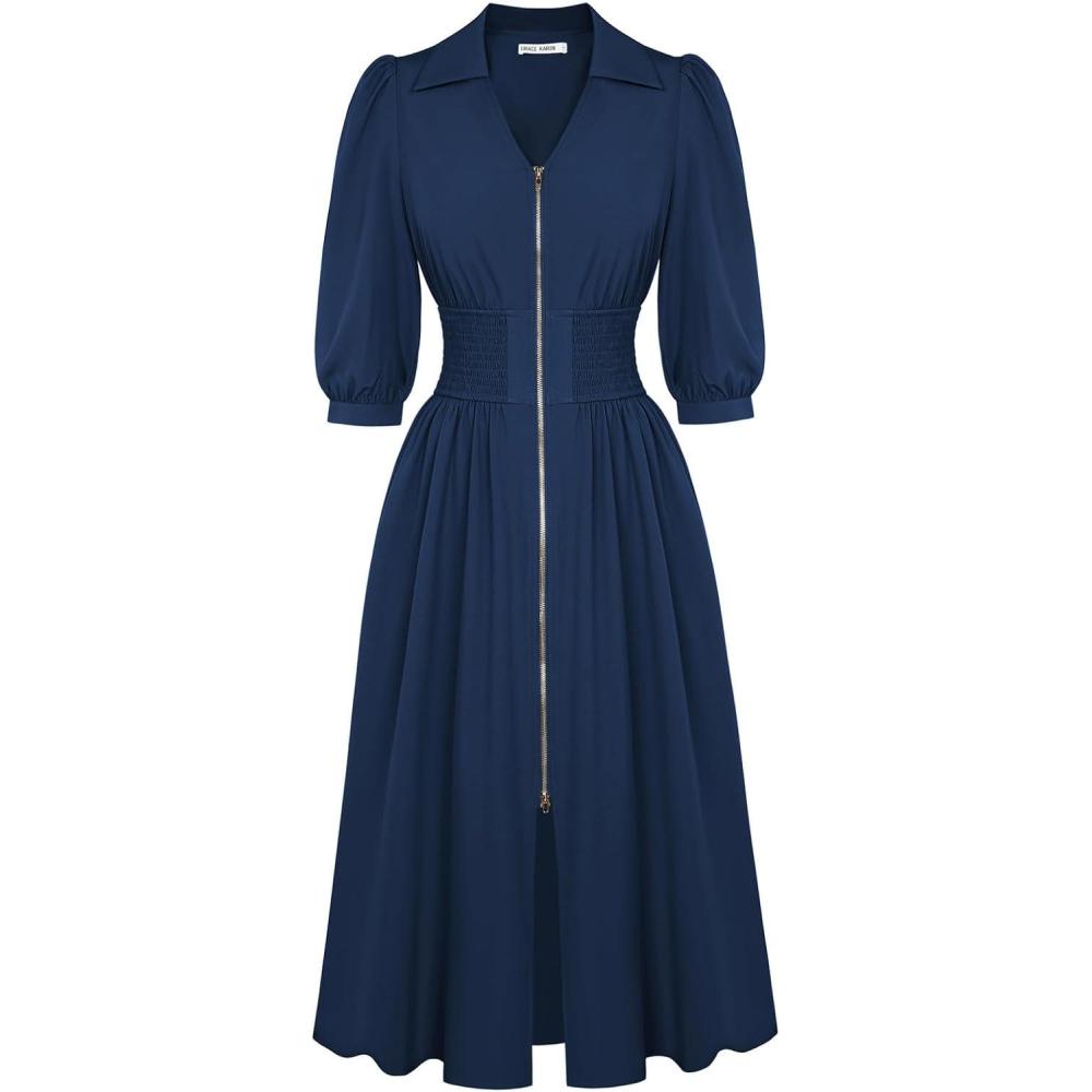 imageGRACE KARIN Womens Summer Midi Dress 2026 A Line Business Office Work Dress Fit and Flare Zipper 34 Sleeve Dress with PocketNavy Blue
