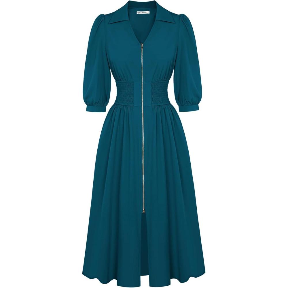 imageGRACE KARIN Womens Summer Midi Dress 2026 A Line Business Office Work Dress Fit and Flare Zipper 34 Sleeve Dress with PocketPeacock Blue
