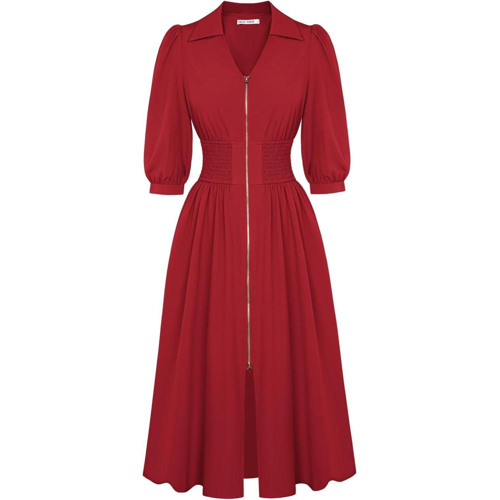 imageGRACE KARIN Womens Summer Midi Dress 2026 A Line Business Office Work Dress Fit and Flare Zipper 34 Sleeve Dress with PocketRed