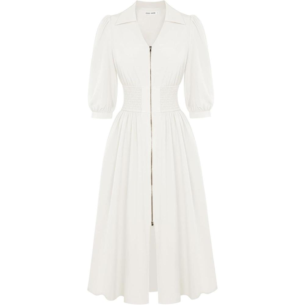 imageGRACE KARIN Womens Summer Midi Dress 2026 A Line Business Office Work Dress Fit and Flare Zipper 34 Sleeve Dress with PocketWhite